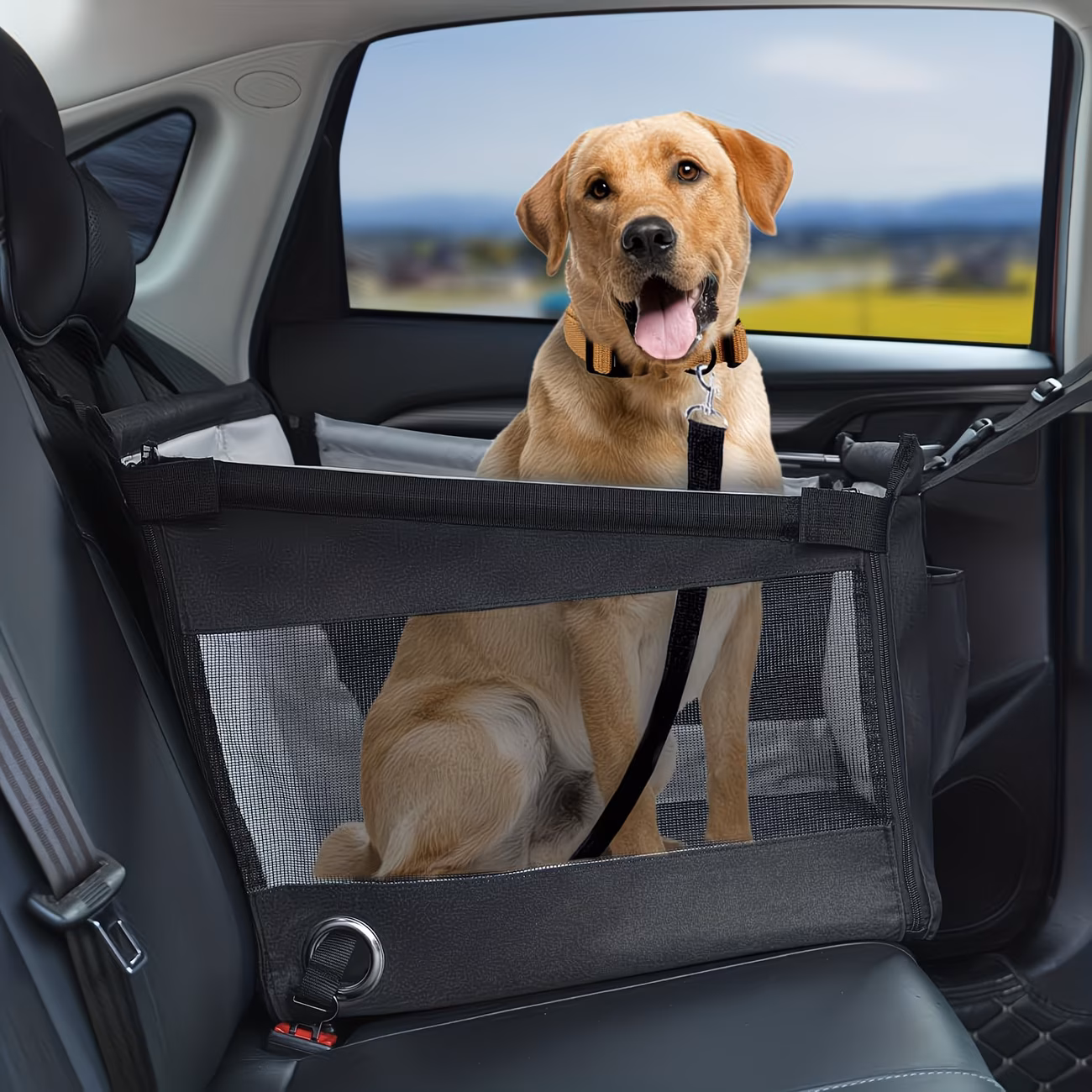 Waterproof Dog Car Seat Cover with Mesh Window & Safety Belt – Rear Seat Pet Protector