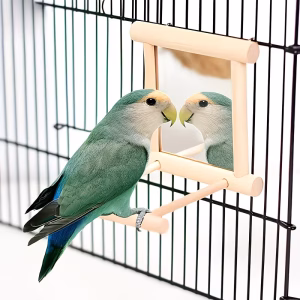 Wooden Bird Mirror Perch – Interactive Cage Toy for Parrots & Small Birds