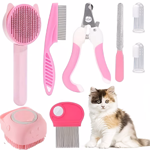 7-Piece Cat Grooming Kit – Pet Grooming Brush, Deshedding Comb, Nail Clipper, Flea Comb, Nail File & Finger Toothbrush Set for Cats