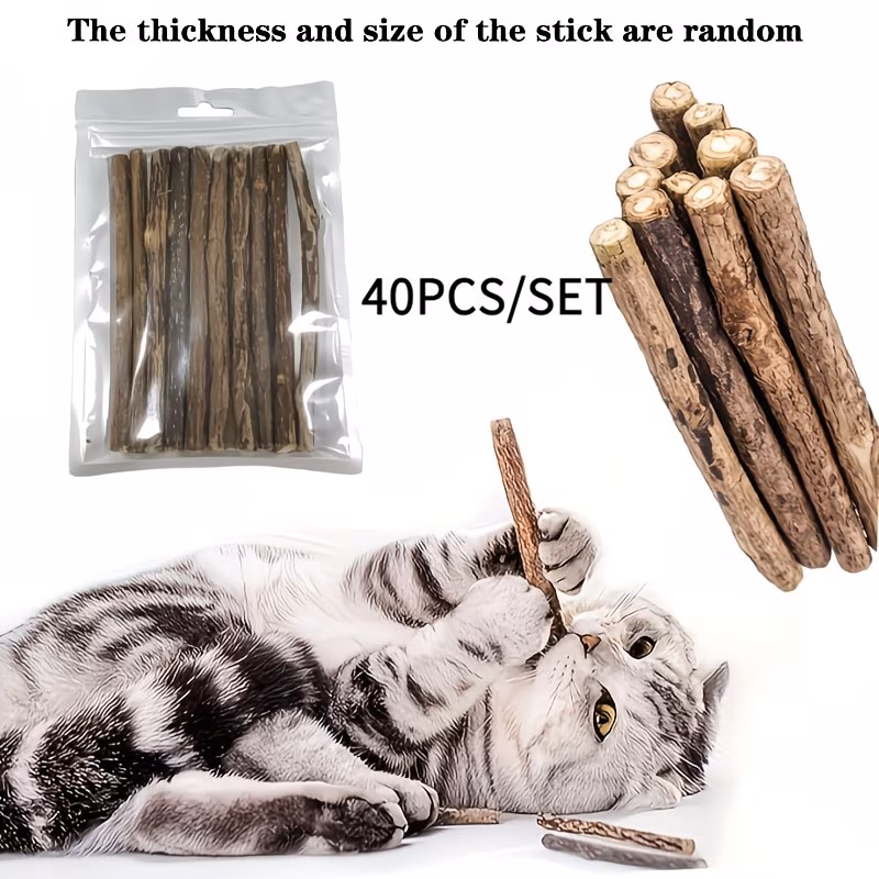 40PCS Natural Cat Chew Sticks – Silvervine & Catnip Chew Toys for Teeth Cleaning, Dental Care & Stress Relief
